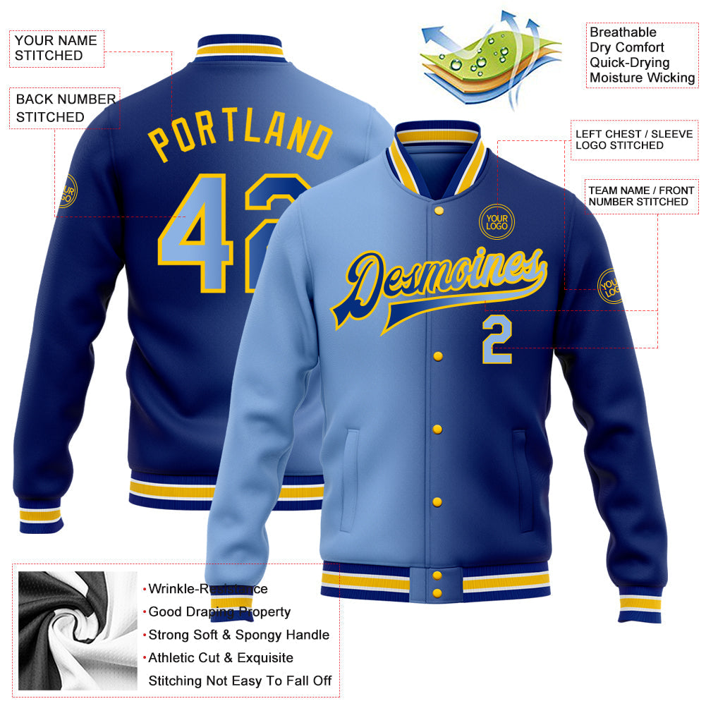 Custom Royal Light Blue-Yellow Bomber Full-Snap Varsity Letterman Gradient Fashion Jacket view 5