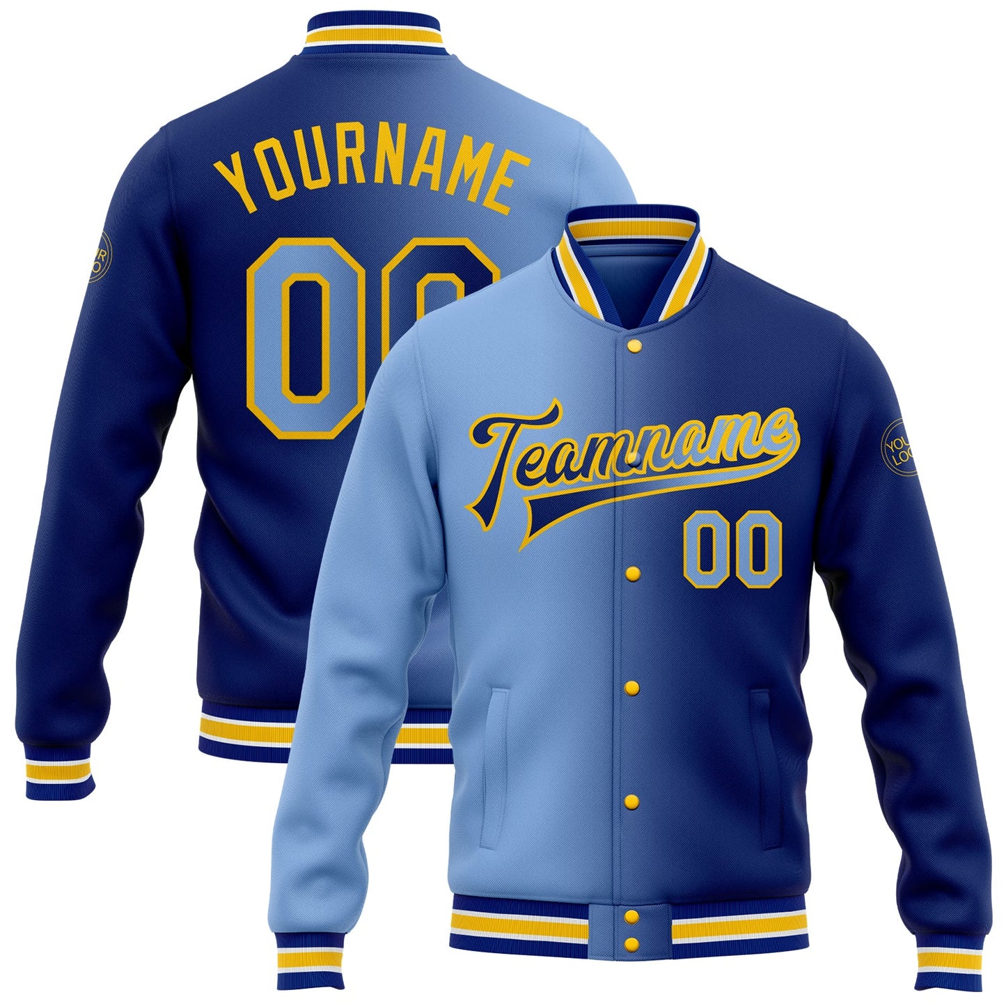 Custom Royal Light Blue-Yellow Bomber Full-Snap Varsity Letterman Gradient Fashion Jacket - Main View