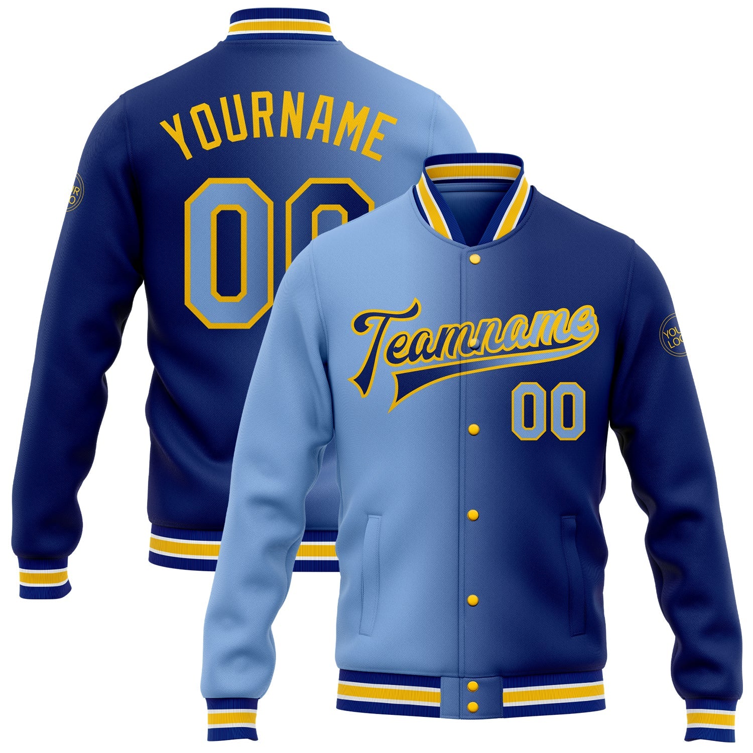Custom Royal Light Blue-Yellow Bomber Full-Snap Varsity Letterman Gradient Fashion Jacket - Main View
