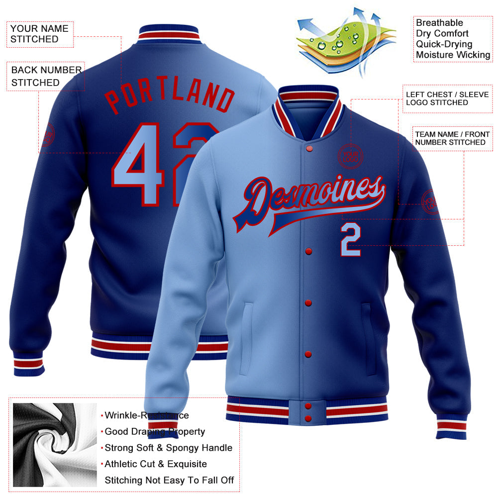 Custom Royal Light Blue-Red Bomber Full-Snap Varsity Letterman Gradient Fashion Jacket view 5