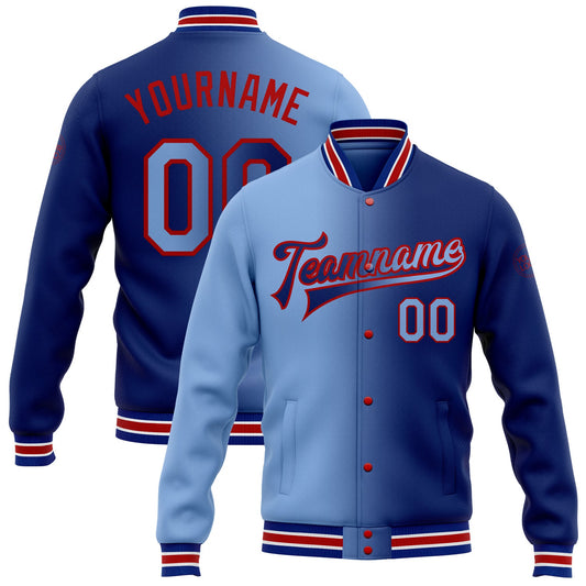 Custom Royal Light Blue-Red Bomber Full-Snap Varsity Letterman Gradient Fashion Jacket - Main View