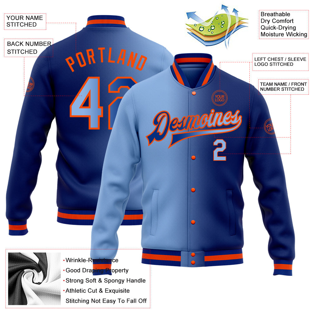 Custom Royal Light Blue-Orange Bomber Full-Snap Varsity Letterman Gradient Fashion Jacket view 5