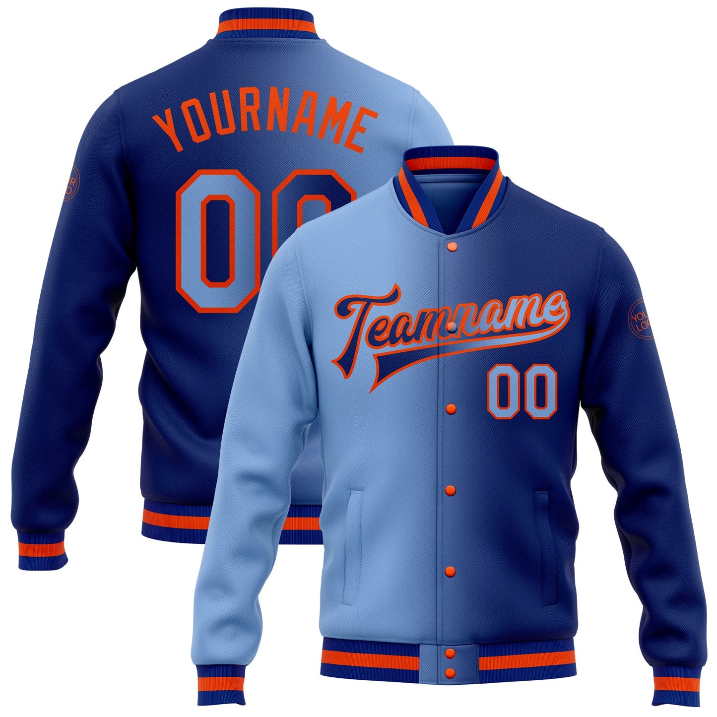 Custom Royal Light Blue-Orange Bomber Full-Snap Varsity Letterman Gradient Fashion Jacket - Main View