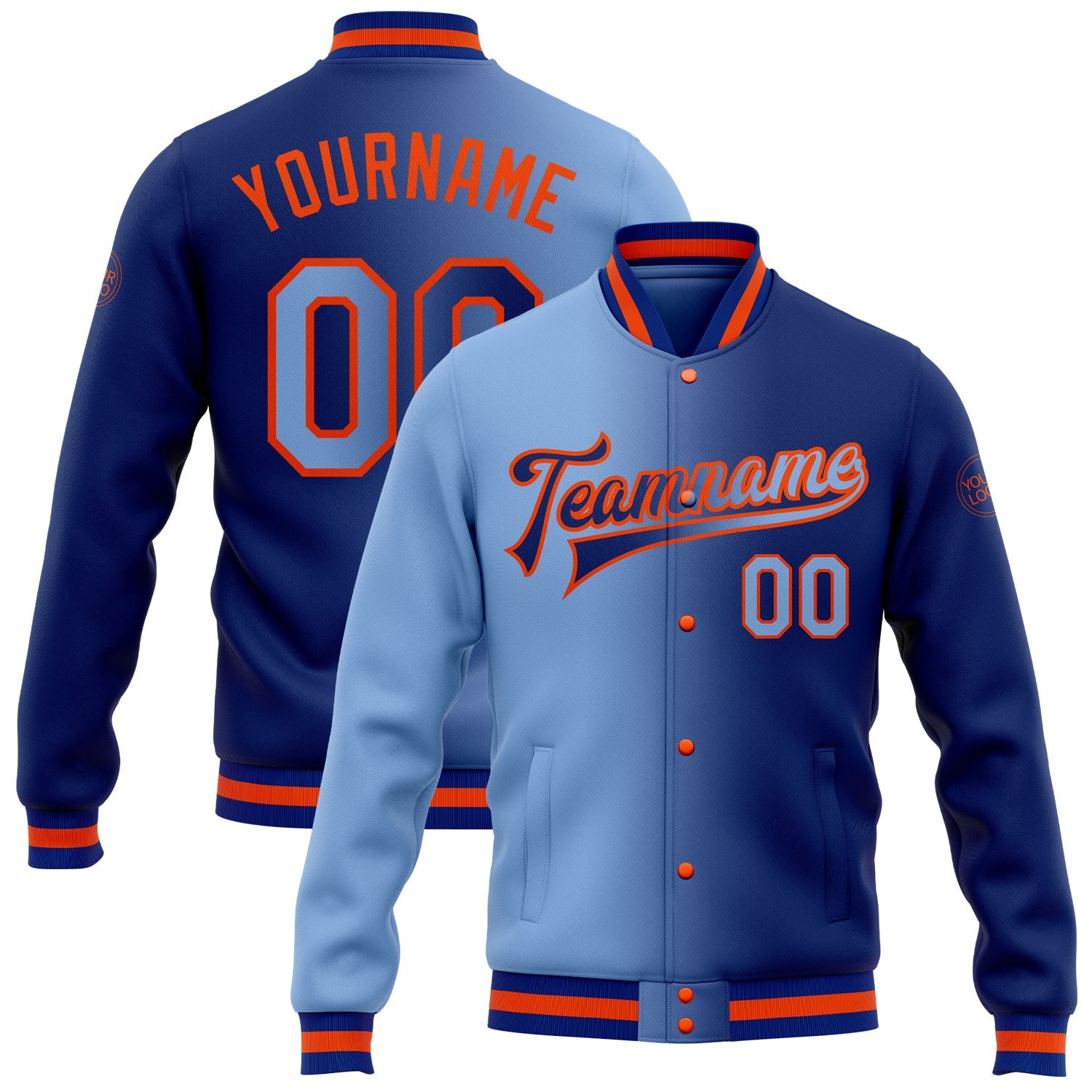 Custom Royal Light Blue-Orange Bomber Full-Snap Varsity Letterman Gradient Fashion Jacket - Main View