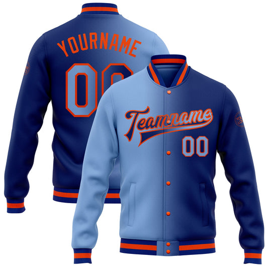 Custom Royal Light Blue-Orange Bomber Full-Snap Varsity Letterman Gradient Fashion Jacket - Main View