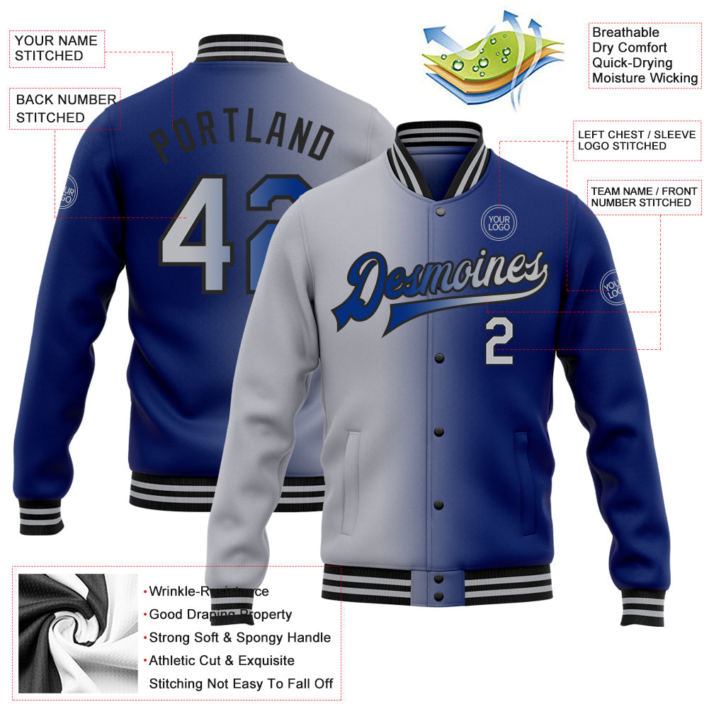 Custom Royal Gray-Black Bomber Full-Snap Varsity Letterman Gradient Fashion Jacket view 5