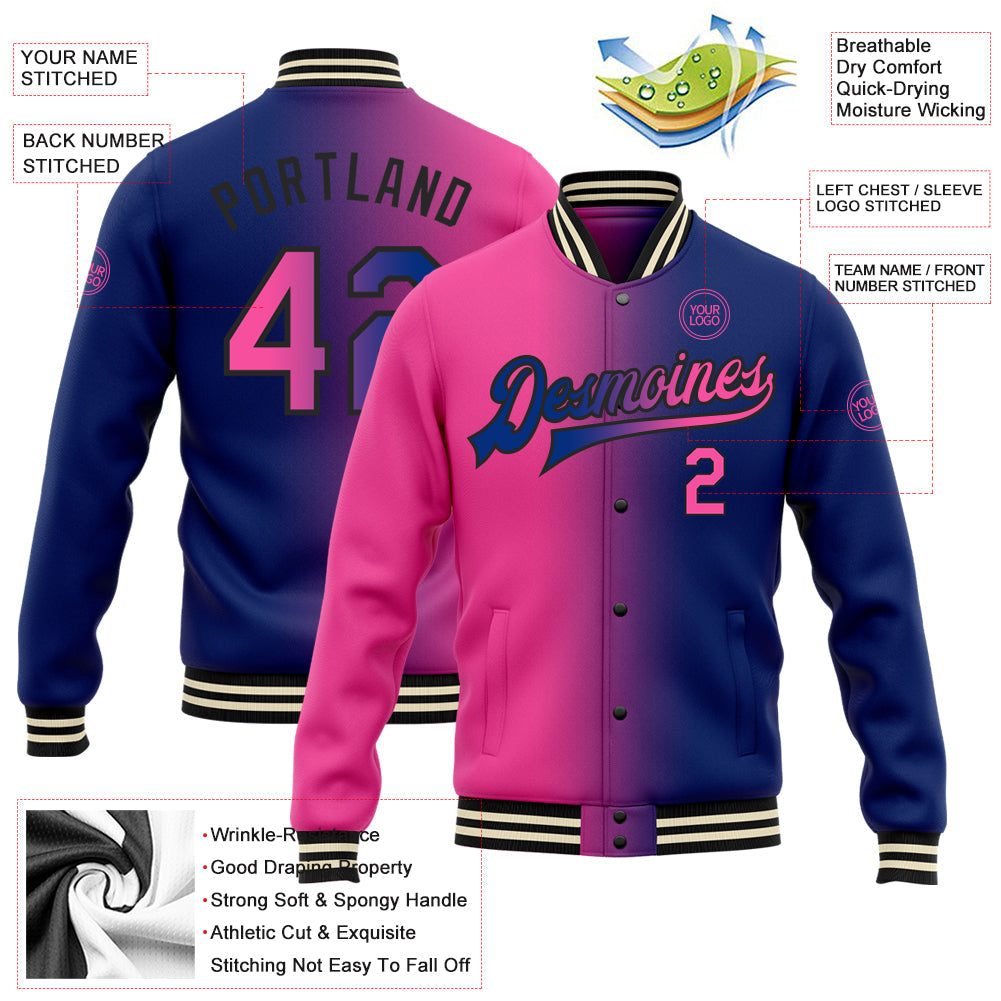 Custom Royal Pink-Black Bomber Full-Snap Varsity Letterman Gradient Fashion Jacket view 5