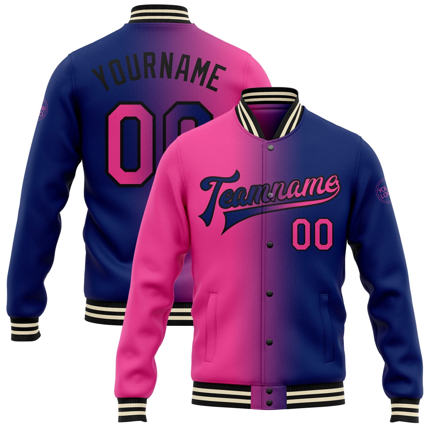 Custom Royal Pink-Black Bomber Full-Snap Varsity Letterman Gradient Fashion Jacket - Main View