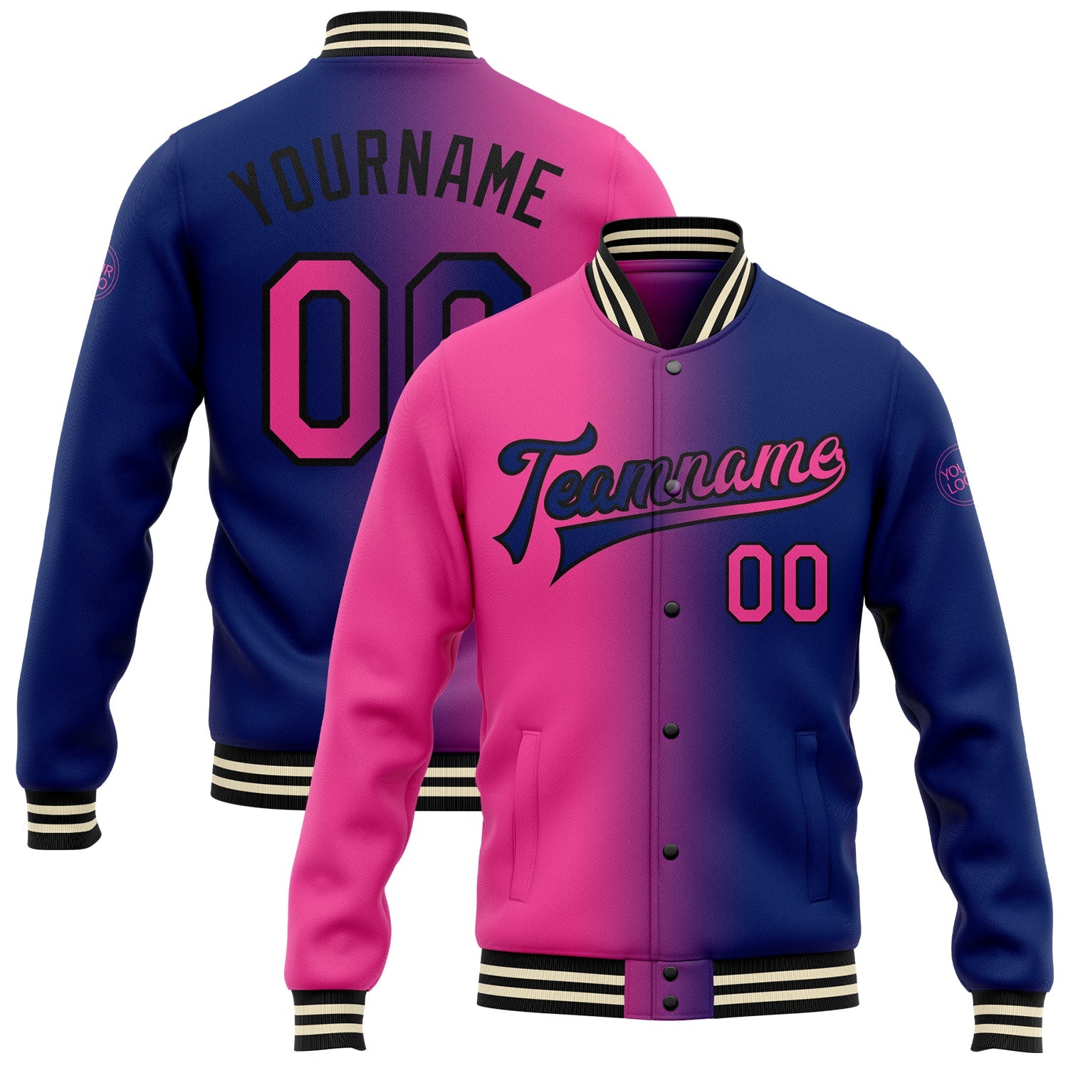 Custom Royal Pink-Black Bomber Full-Snap Varsity Letterman Gradient Fashion Jacket - Main View