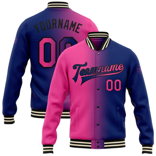 Custom Royal Pink-Black Bomber Full-Snap Varsity Letterman Gradient Fashion Jacket - Main View