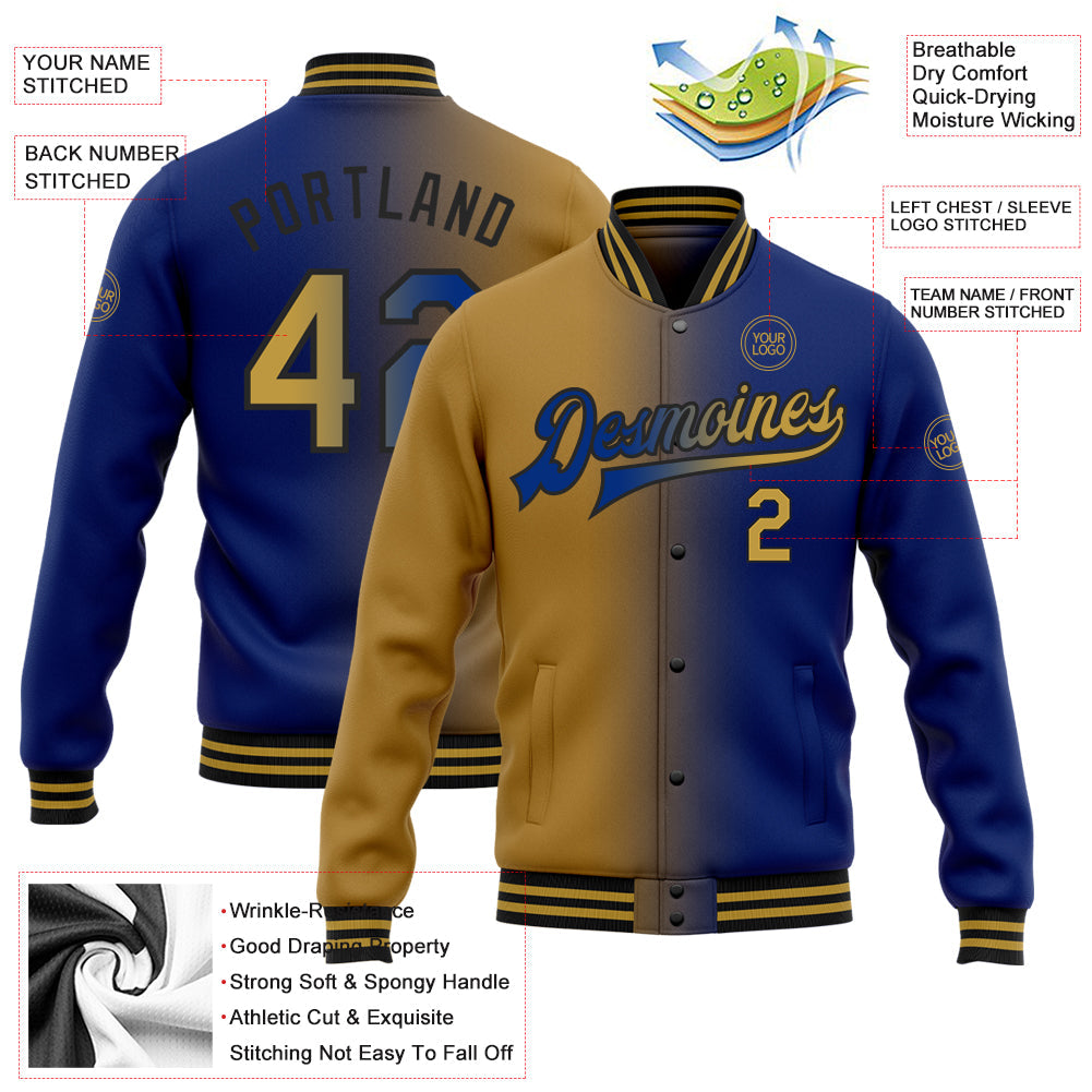 Custom Royal Old Gold-Black Bomber Full-Snap Varsity Letterman Gradient Fashion Jacket view 5
