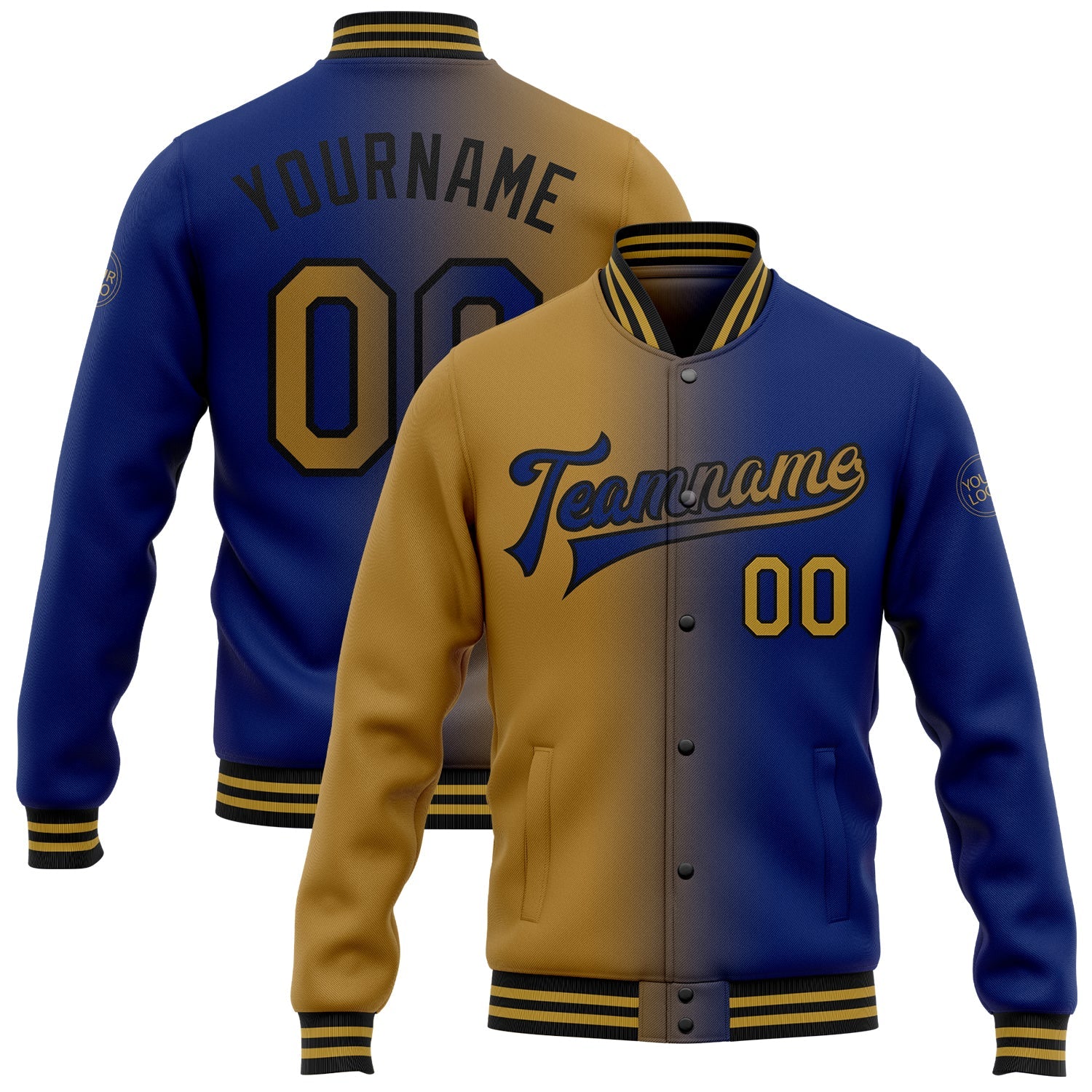 Custom Royal Old Gold-Black Bomber Full-Snap Varsity Letterman Gradient Fashion Jacket - Main View