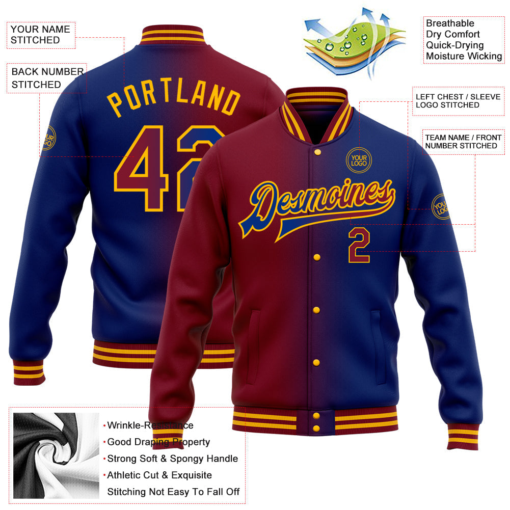 Custom Royal Crimson-Gold Bomber Full-Snap Varsity Letterman Gradient Fashion Jacket view 5