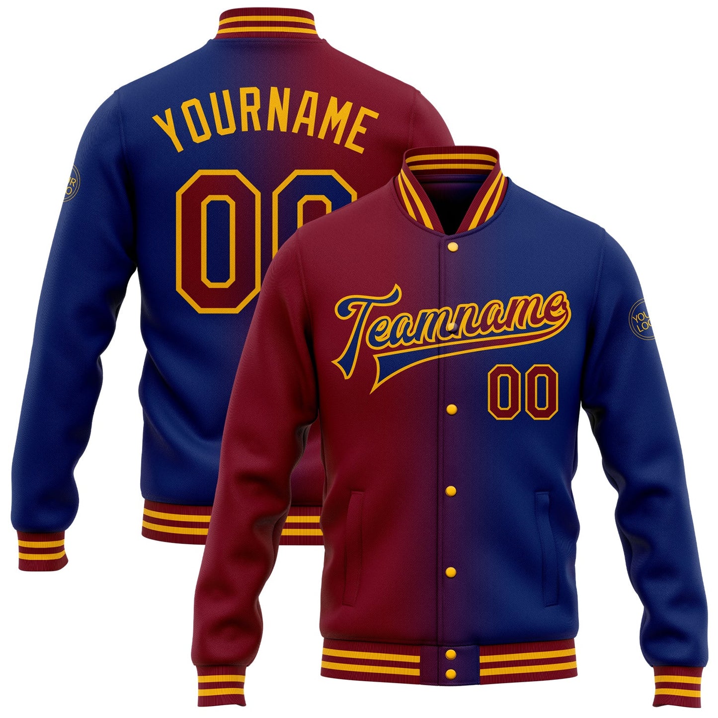 Custom Royal Crimson-Gold Bomber Full-Snap Varsity Letterman Gradient Fashion Jacket - Main View
