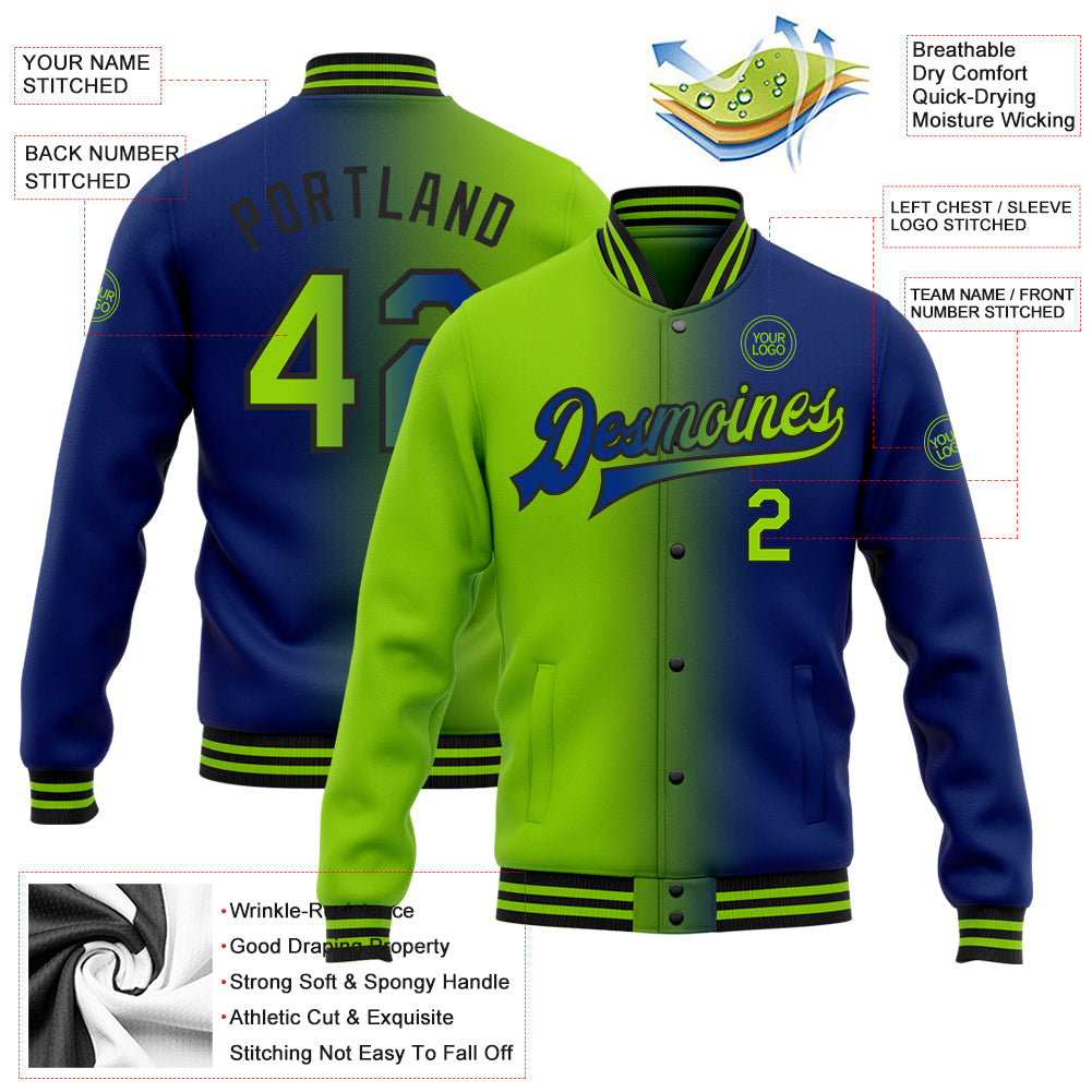 Custom Royal Neon Green-Black Bomber Full-Snap Varsity Letterman Gradient Fashion Jacket view 5
