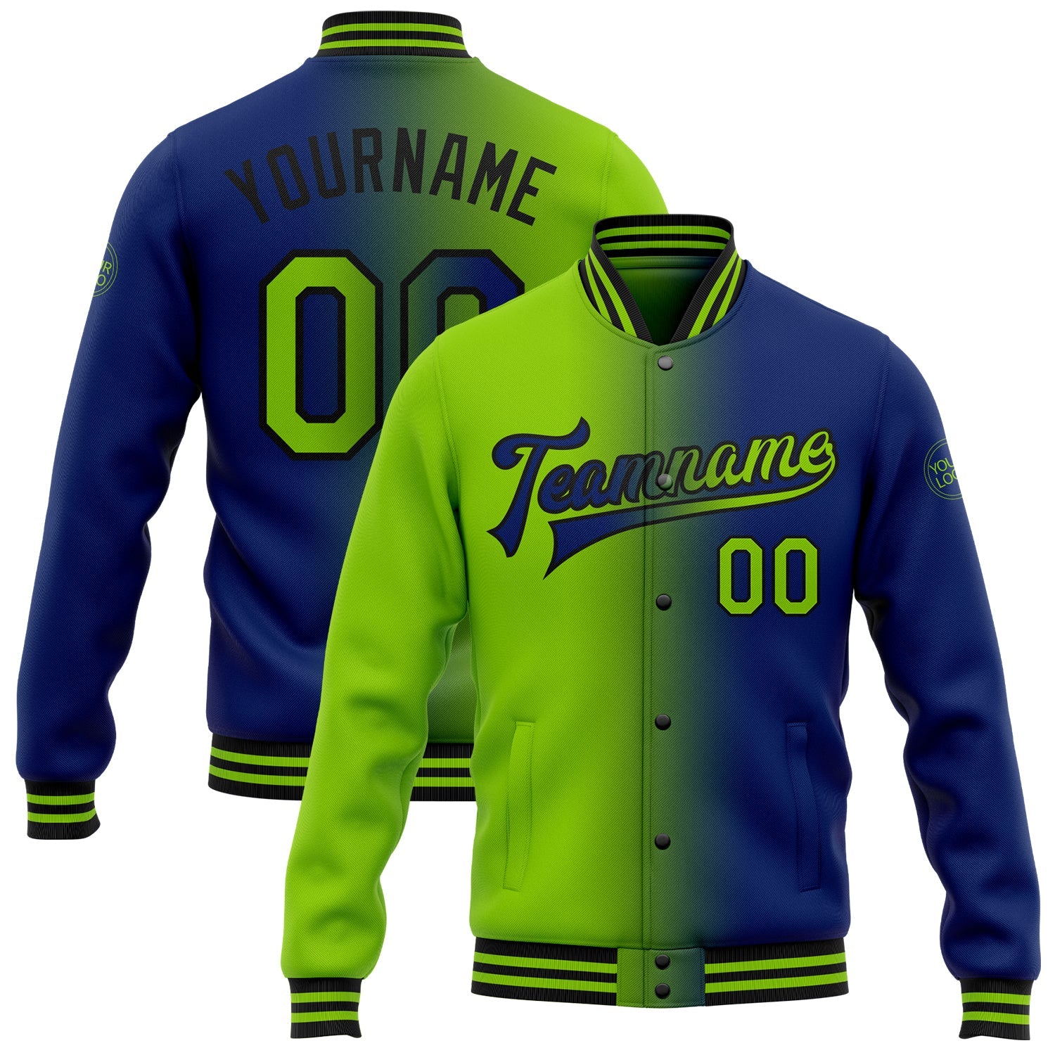 Custom Royal Neon Green-Black Bomber Full-Snap Varsity Letterman Gradient Fashion Jacket - Main View