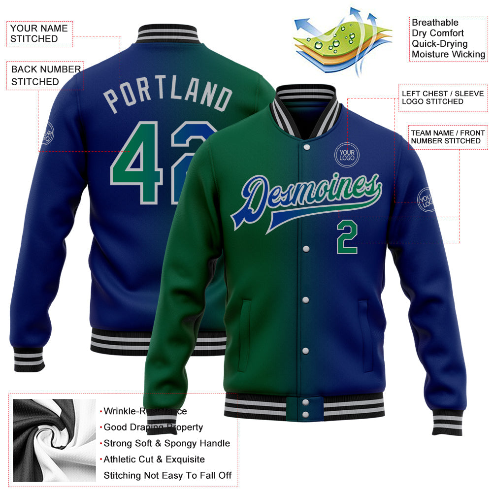 Custom Royal Kelly Green-Gray Bomber Full-Snap Varsity Letterman Gradient Fashion Jacket view 5