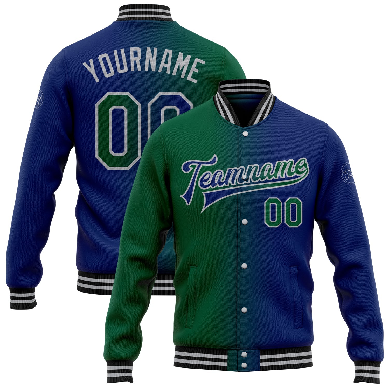 Custom Royal Kelly Green-Gray Bomber Full-Snap Varsity Letterman Gradient Fashion Jacket - Main View
