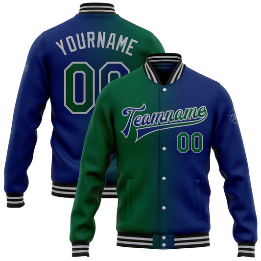 Custom Royal Kelly Green-Gray Bomber Full-Snap Varsity Letterman Gradient Fashion Jacket - Main View