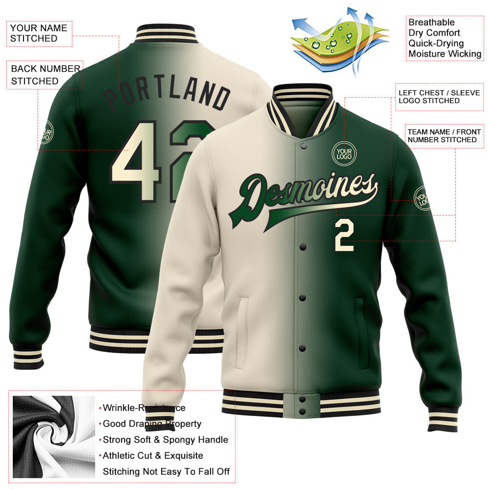Custom Green Cream-Black Bomber Full-Snap Varsity Letterman Gradient Fashion Jacket view 5