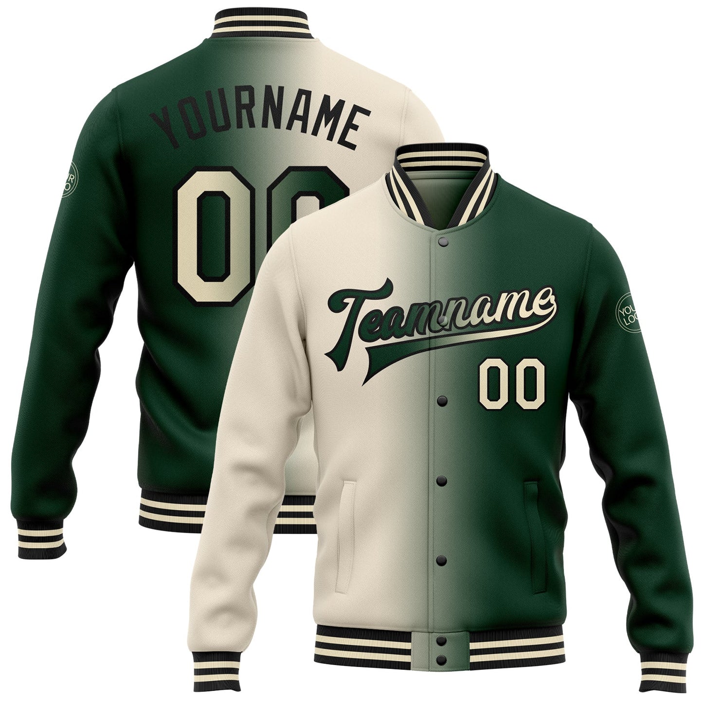 Custom Green Cream-Black Bomber Full-Snap Varsity Letterman Gradient Fashion Jacket - Main View