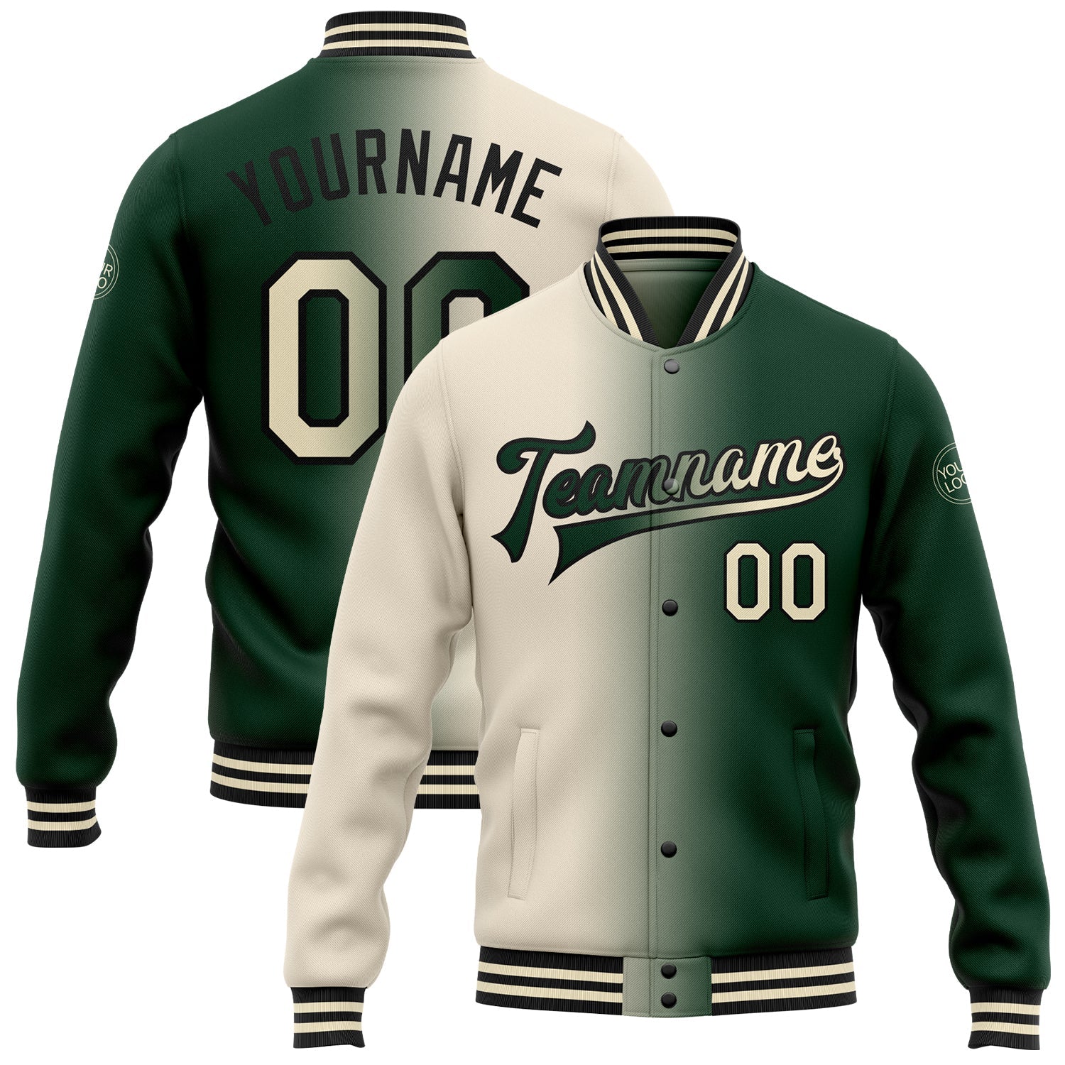 Custom Green Cream-Black Bomber Full-Snap Varsity Letterman Gradient Fashion Jacket - Main View
