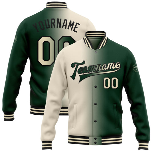 Custom Green Cream-Black Bomber Full-Snap Varsity Letterman Gradient Fashion Jacket - Main View