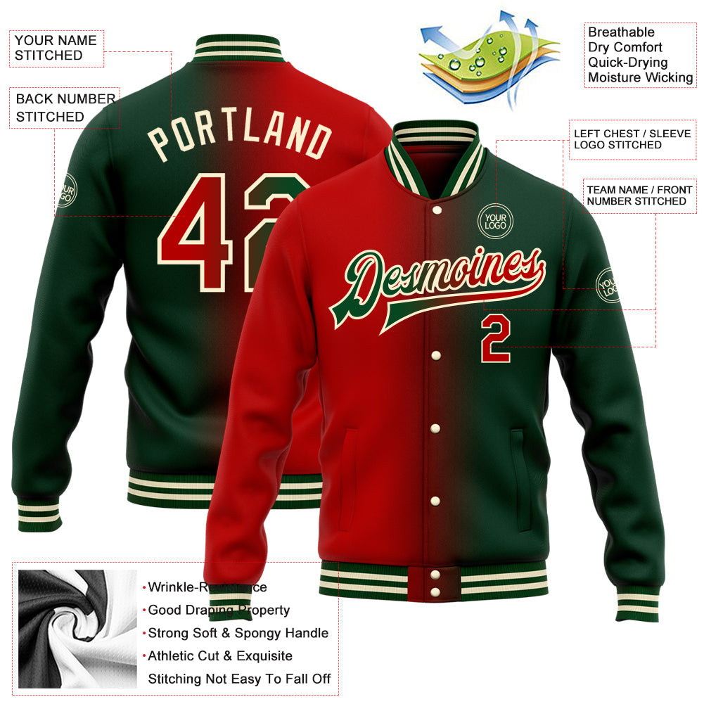 Custom Green Red-Cream Bomber Full-Snap Varsity Letterman Gradient Fashion Jacket view 5