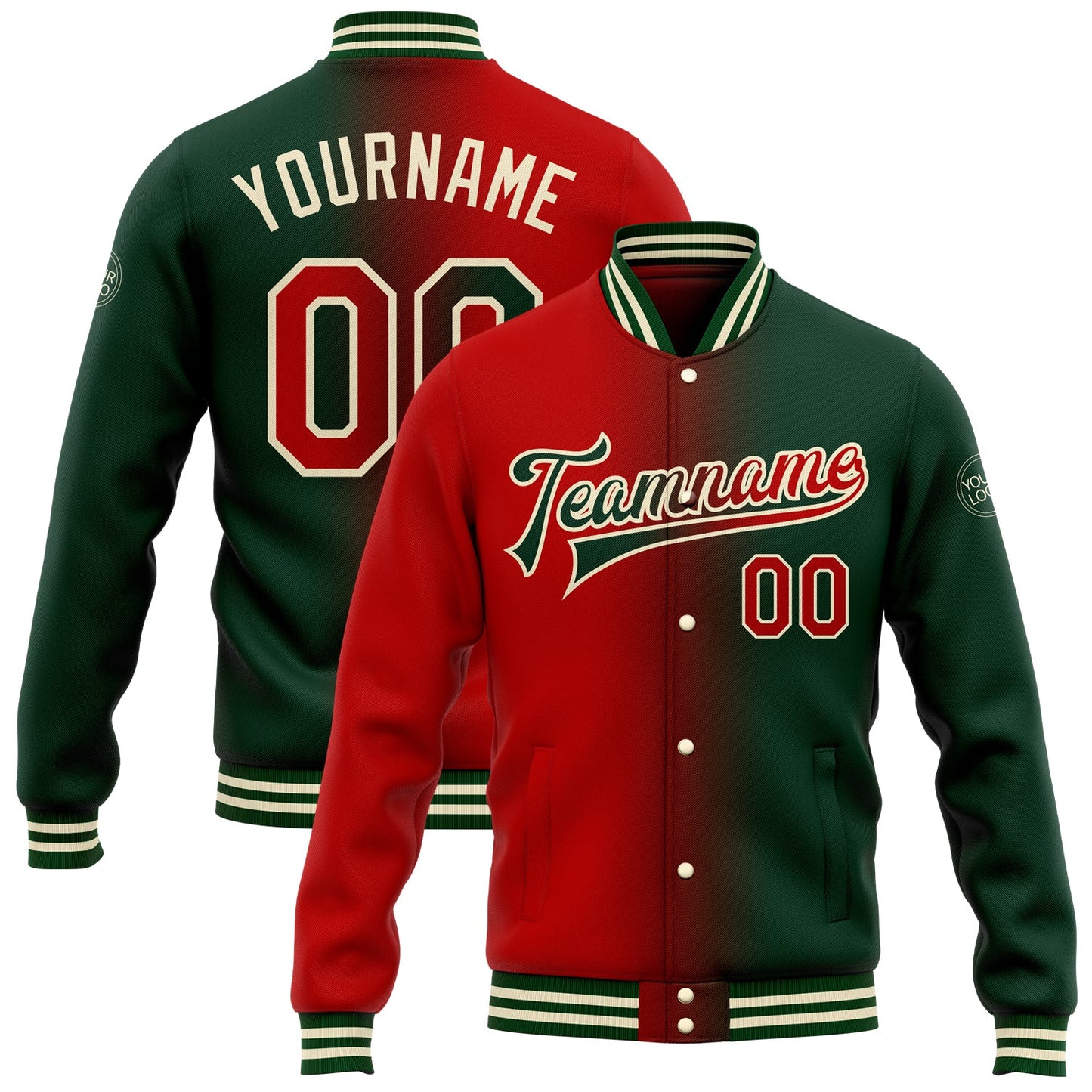 Custom Green Red-Cream Bomber Full-Snap Varsity Letterman Gradient Fashion Jacket - Main View