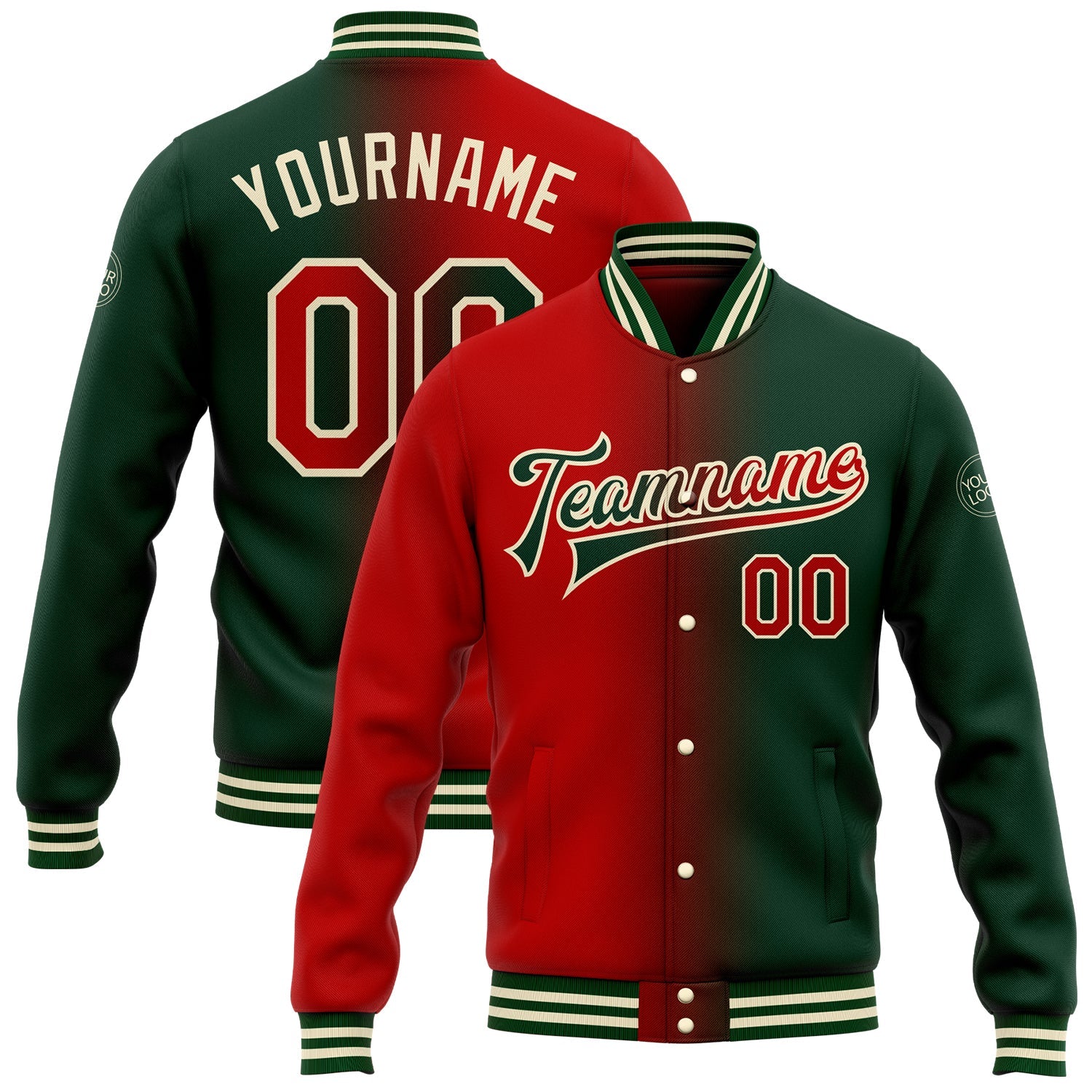 Custom Green Red-Cream Bomber Full-Snap Varsity Letterman Gradient Fashion Jacket - Main View