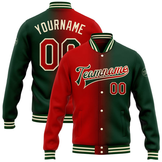 Custom Green Red-Cream Bomber Full-Snap Varsity Letterman Gradient Fashion Jacket - Main View
