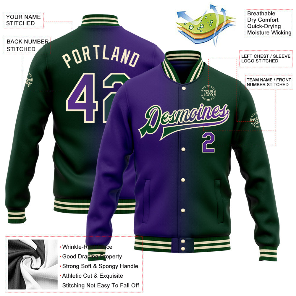 Custom Green Purple-Cream Bomber Full-Snap Varsity Letterman Gradient Fashion Jacket view 5