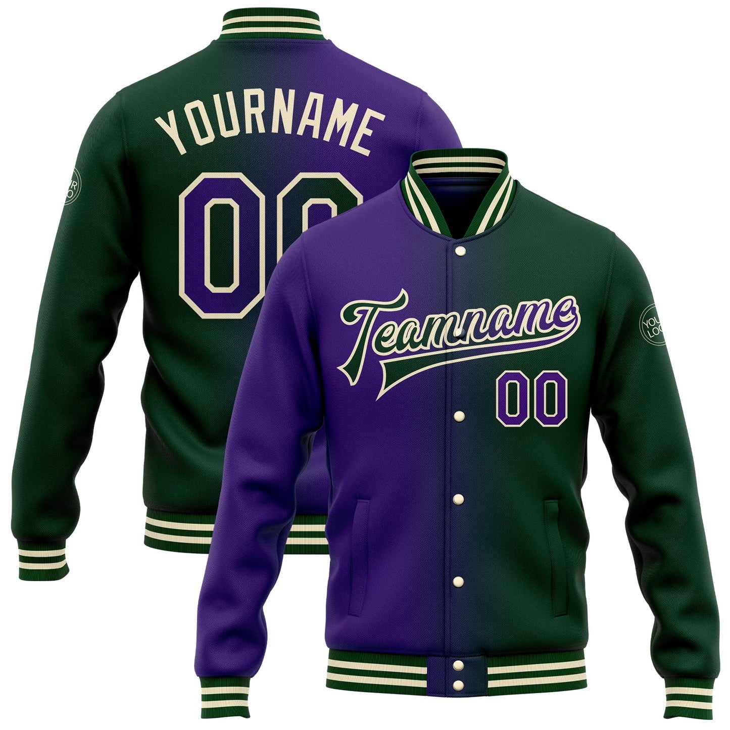 Custom Green Purple-Cream Bomber Full-Snap Varsity Letterman Gradient Fashion Jacket - Main View