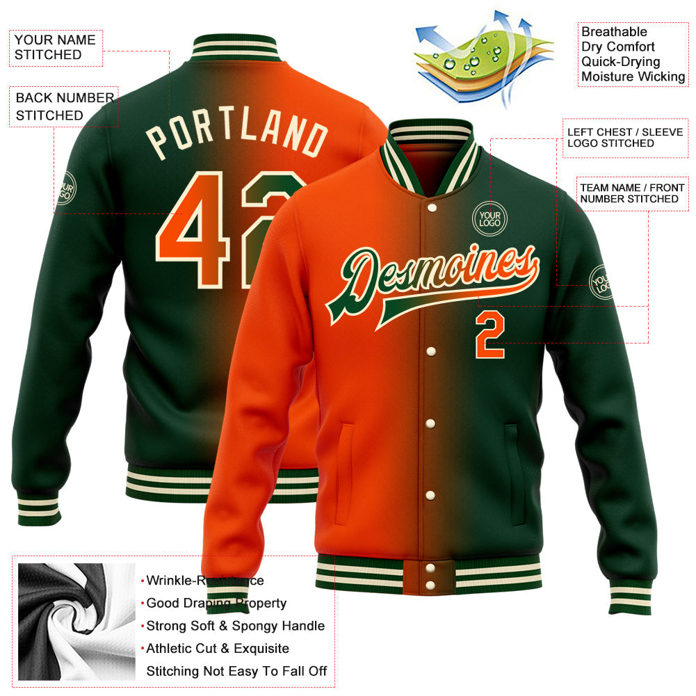 Custom Green Orange-Cream Bomber Full-Snap Varsity Letterman Gradient Fashion Jacket view 5