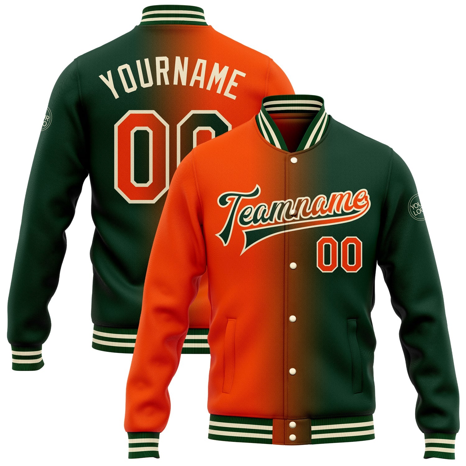 Custom Green Orange-Cream Bomber Full-Snap Varsity Letterman Gradient Fashion Jacket - Main View