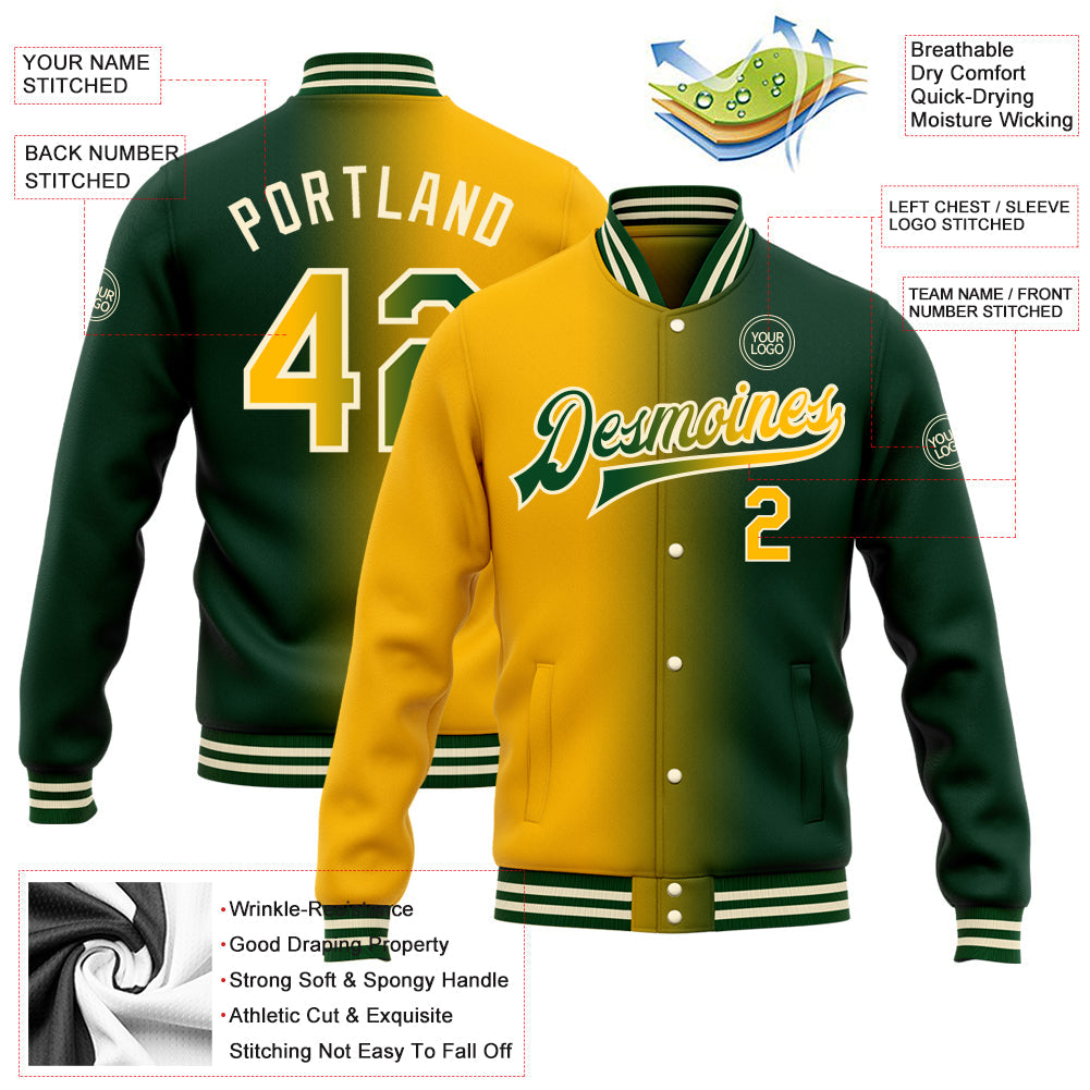 Custom Green Gold-Cream Bomber Full-Snap Varsity Letterman Gradient Fashion Jacket view 5