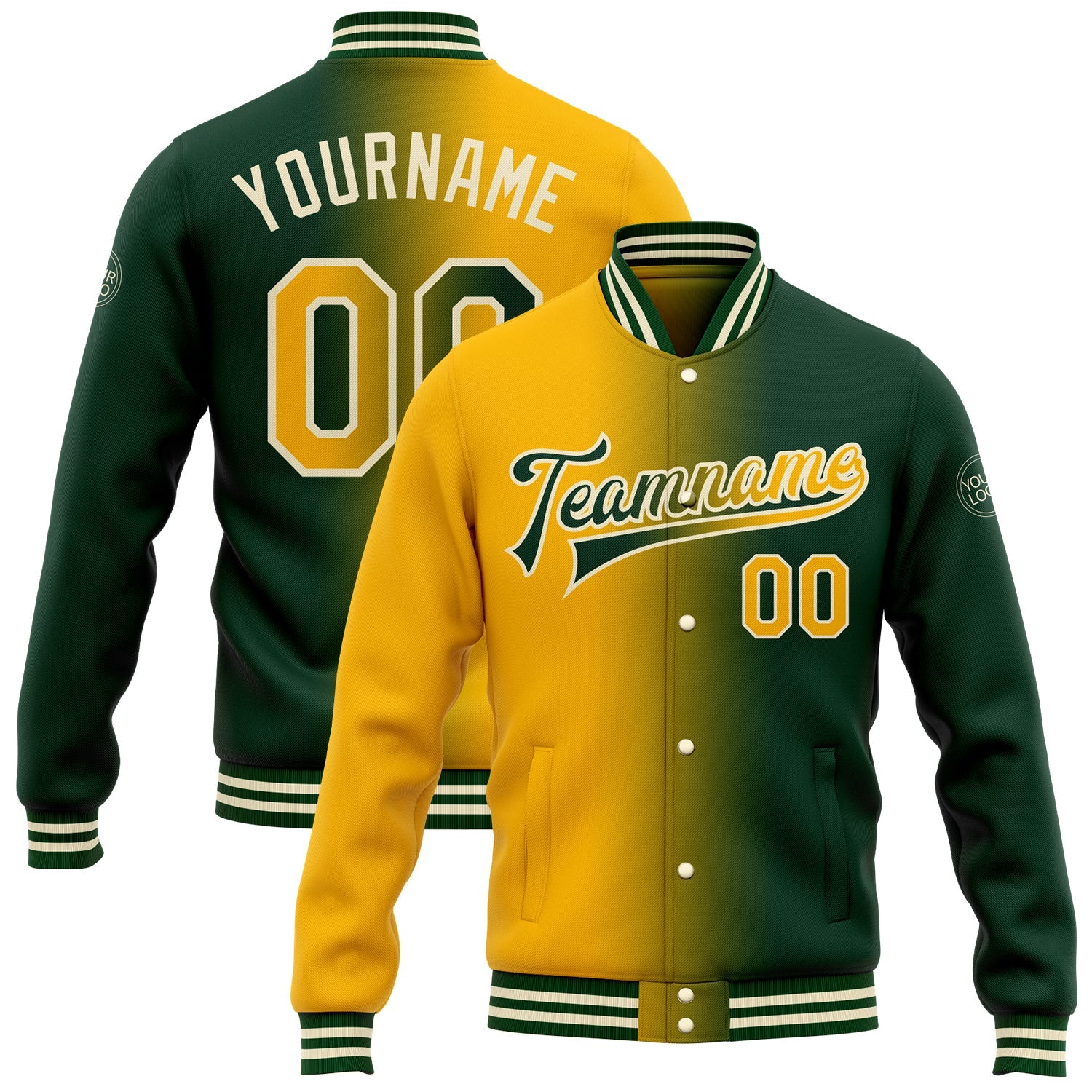 Custom Green Gold-Cream Bomber Full-Snap Varsity Letterman Gradient Fashion Jacket - Main View