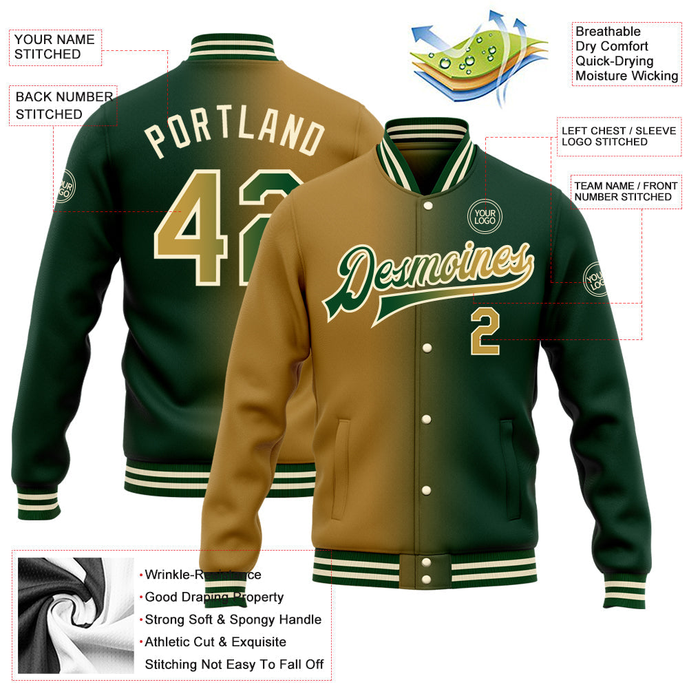 Custom Green Old Gold-Cream Bomber Full-Snap Varsity Letterman Gradient Fashion Jacket view 5