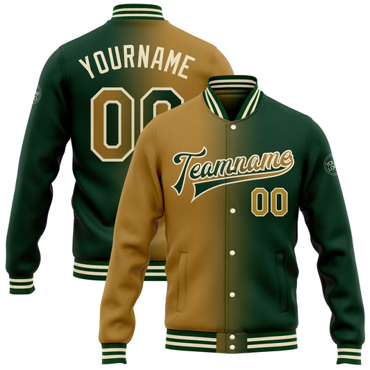 Custom Green Old Gold-Cream Bomber Full-Snap Varsity Letterman Gradient Fashion Jacket - Main View