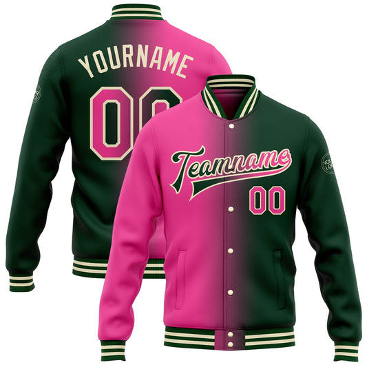 Custom Green Pink-Cream Bomber Full-Snap Varsity Letterman Gradient Fashion Jacket - Main View