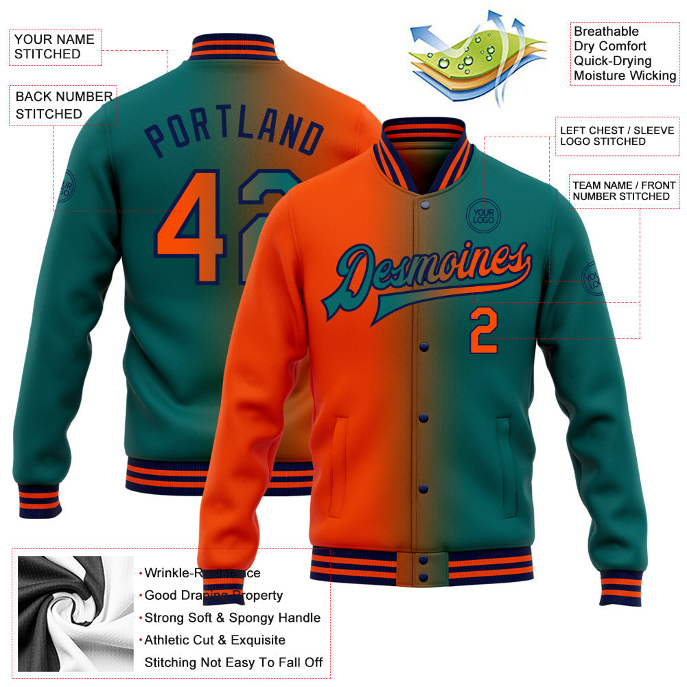 Custom Teal Orange-Navy Bomber Full-Snap Varsity Letterman Gradient Fashion Jacket view 5