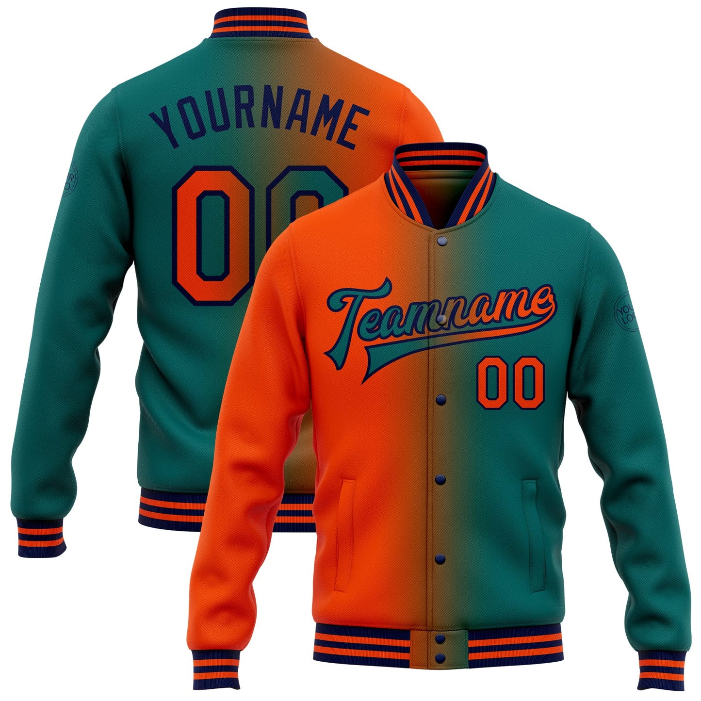 Custom Teal Orange-Navy Bomber Full-Snap Varsity Letterman Gradient Fashion Jacket - Main View