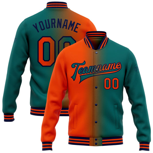 Custom Teal Orange-Navy Bomber Full-Snap Varsity Letterman Gradient Fashion Jacket - Main View