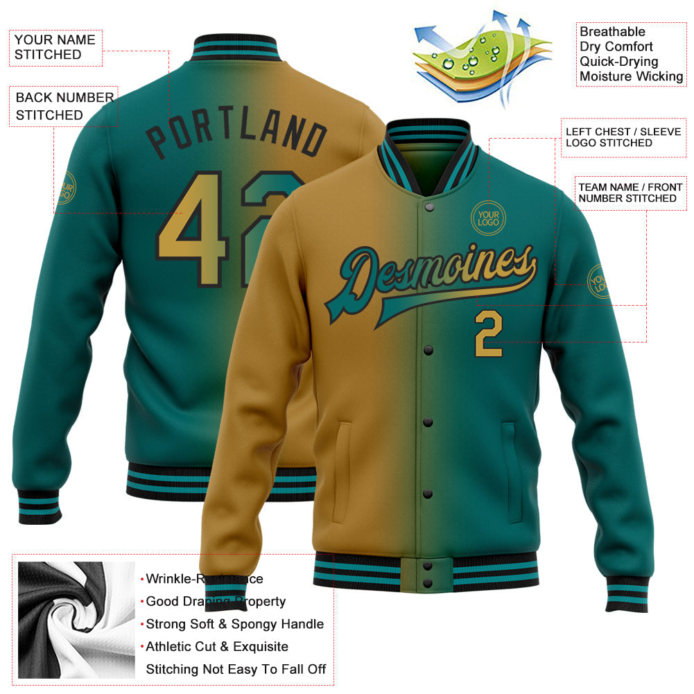 Custom Teal Old Gold-Black Bomber Full-Snap Varsity Letterman Gradient Fashion Jacket view 5