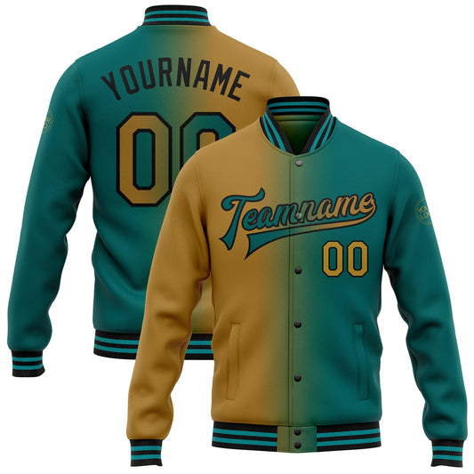 Custom Teal Old Gold-Black Bomber Full-Snap Varsity Letterman Gradient Fashion Jacket - Main View