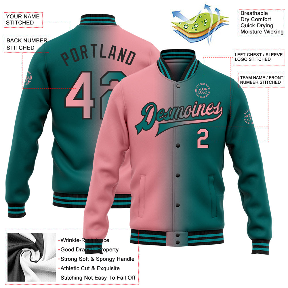 Custom Teal Medium Pink-Black Bomber Full-Snap Varsity Letterman Gradient Fashion Jacket view 5