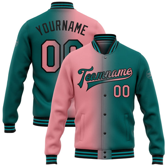 Custom Teal Medium Pink-Black Bomber Full-Snap Varsity Letterman Gradient Fashion Jacket - Main View