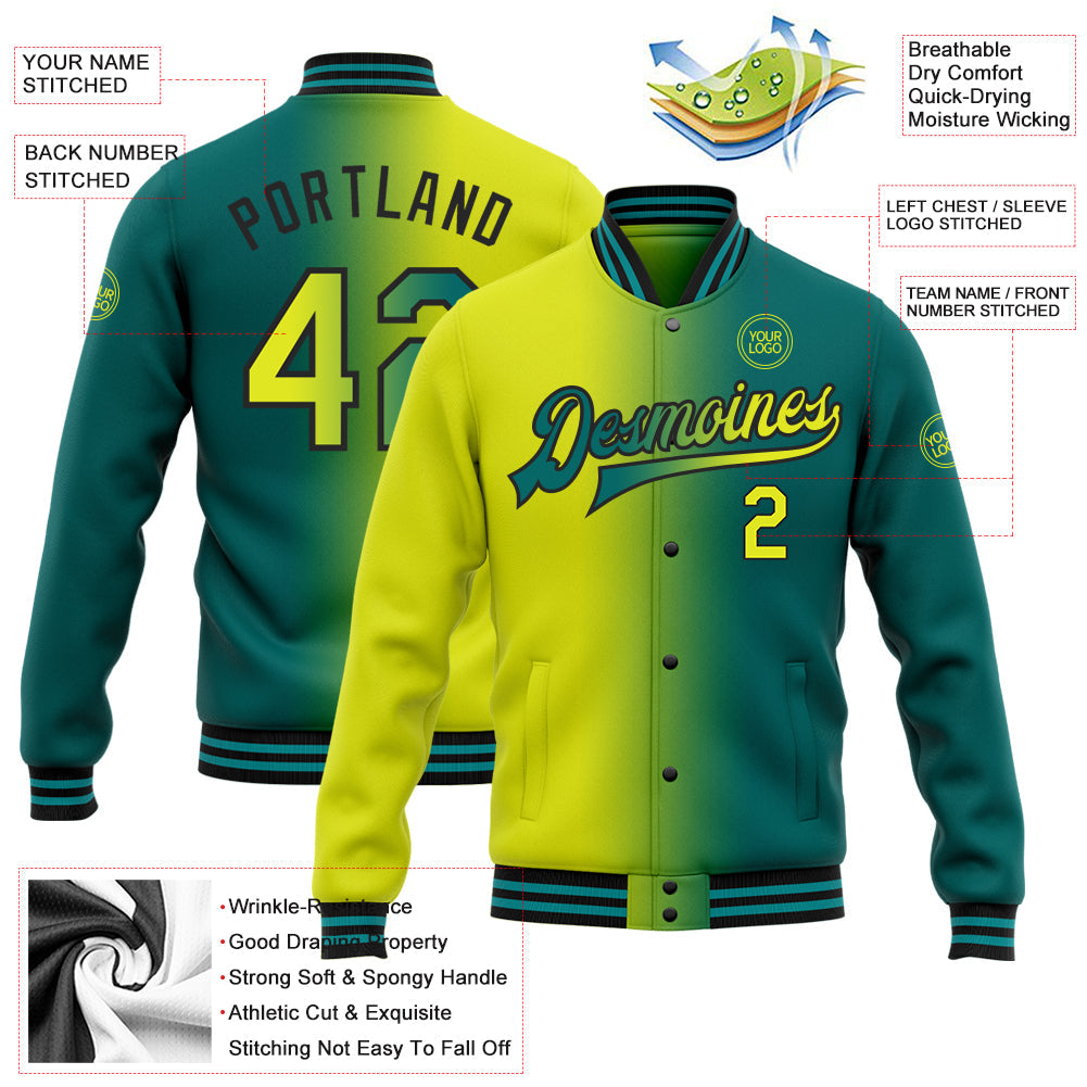 Custom Teal Neon Yellow-Black Bomber Full-Snap Varsity Letterman Gradient Fashion Jacket view 5