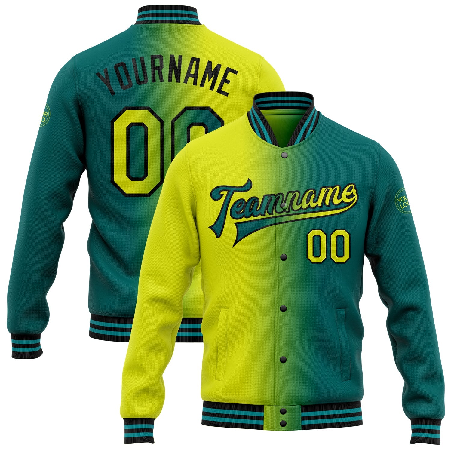 Custom Teal Neon Yellow-Black Bomber Full-Snap Varsity Letterman Gradient Fashion Jacket - Main View