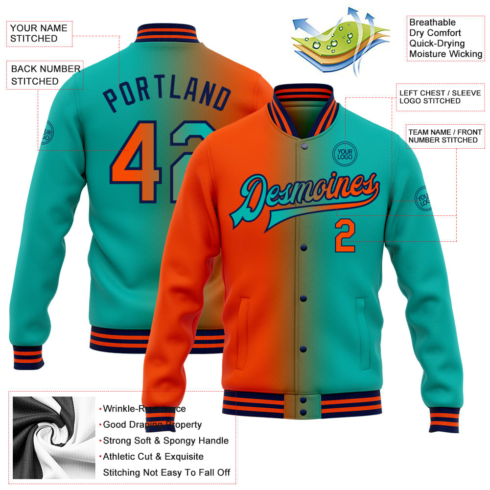 Custom Aqua Orange-Navy Bomber Full-Snap Varsity Letterman Gradient Fashion Jacket view 5